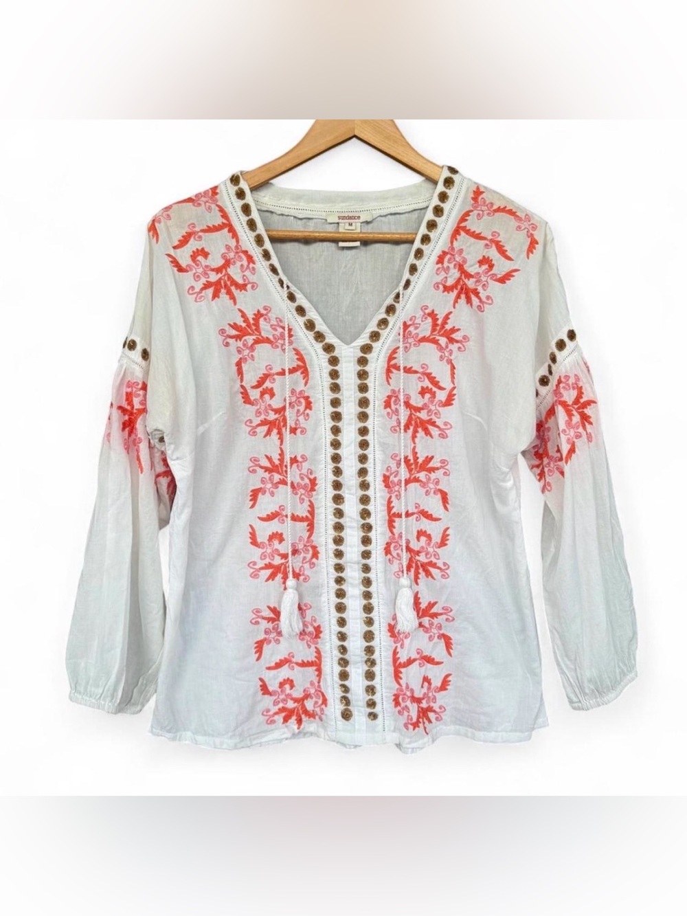 Sundance Embroidered Cotton Peasant Blouse Gold Sequins Medium Boho Chic